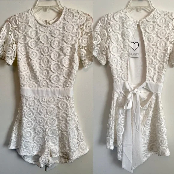 White Lace Romper coastal cowgirl beach chic NWT backless XS Oh My Love Summer - Picture 2 of 13